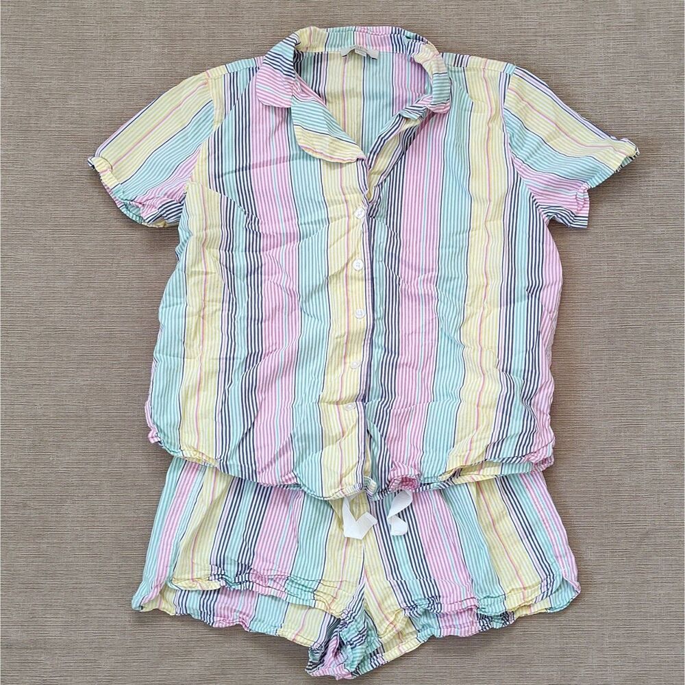 Loft Sleep 100% cotton Pajama Party Set Shorts Button Up Top Small Candy Stripe